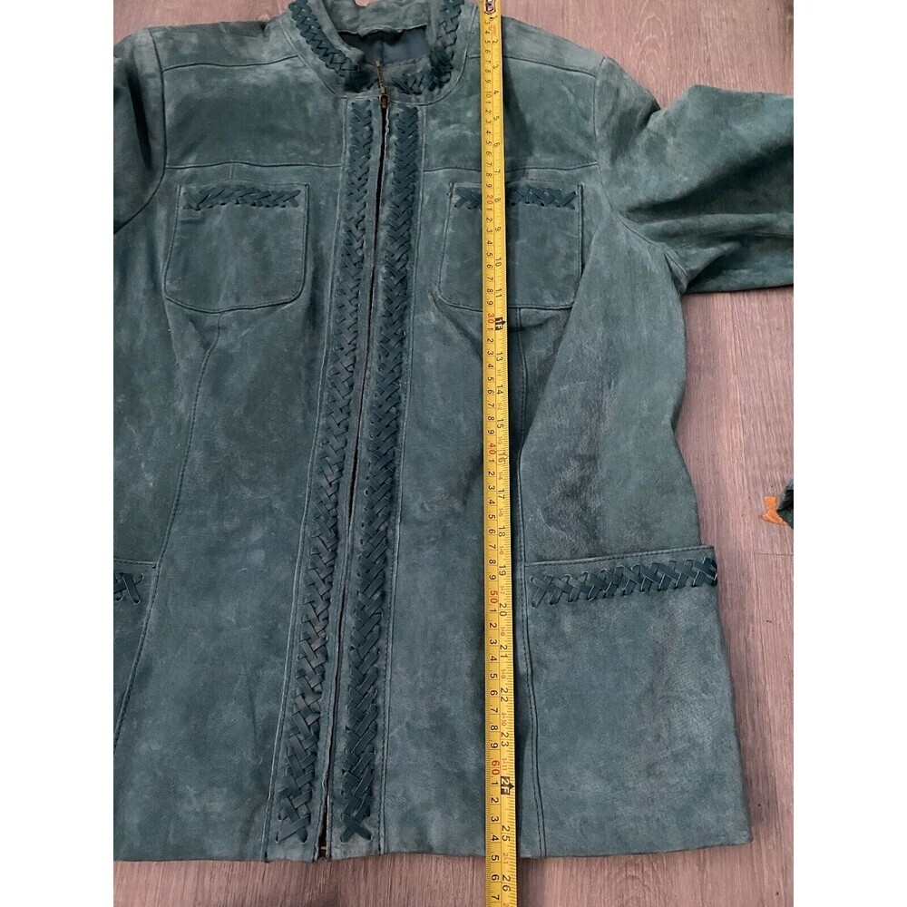 Women's Green Suede Jacket with Woven Trim - Picture 10 of 11